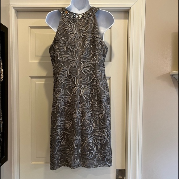GRAY Ignite Evenings knee length dress, keyhole neck with rhinestones. Like new - Picture 2 of 5
